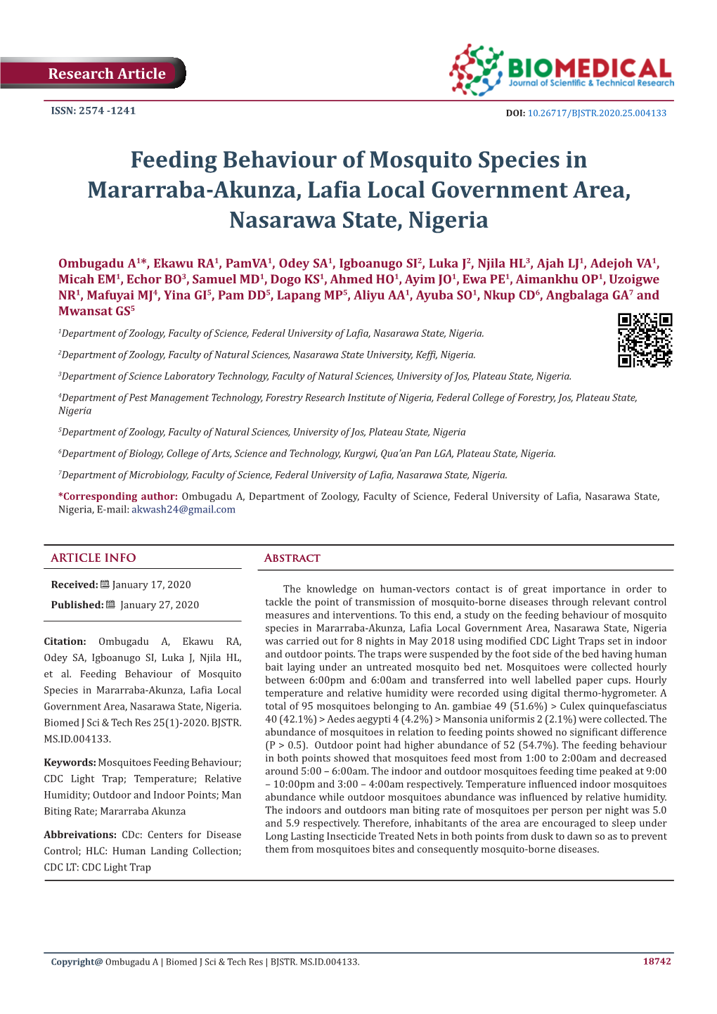 Feeding Behaviour of Mosquito Species in Mararraba-Akunza, Lafia Local Government Area, Nasarawa State, Nigeria