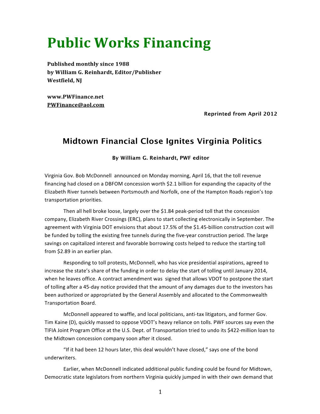 Midtown Tunnel Financial Close Ignites Virginia Toll Politics