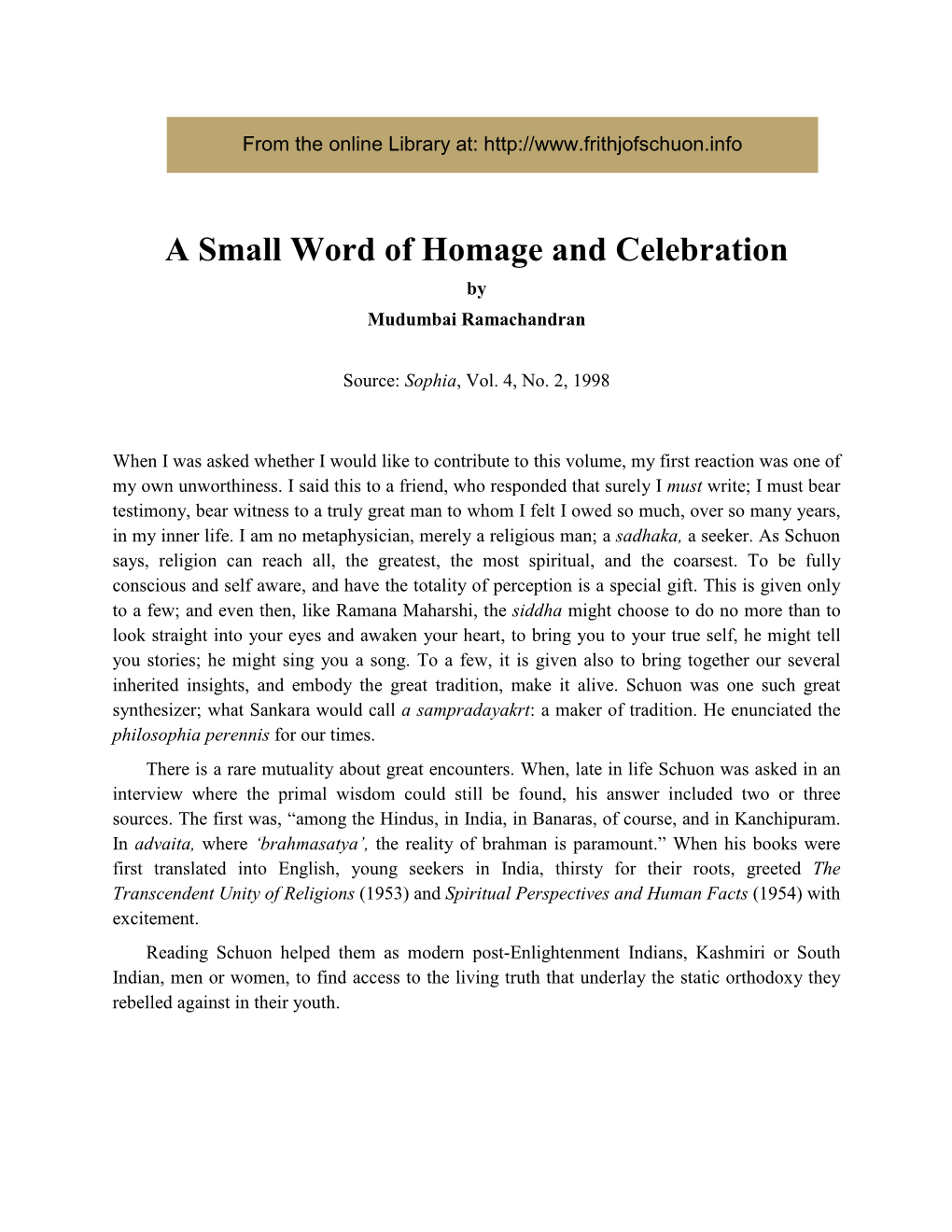 A Small Word of Homage and Celebration by Mudumbai Ramachandran