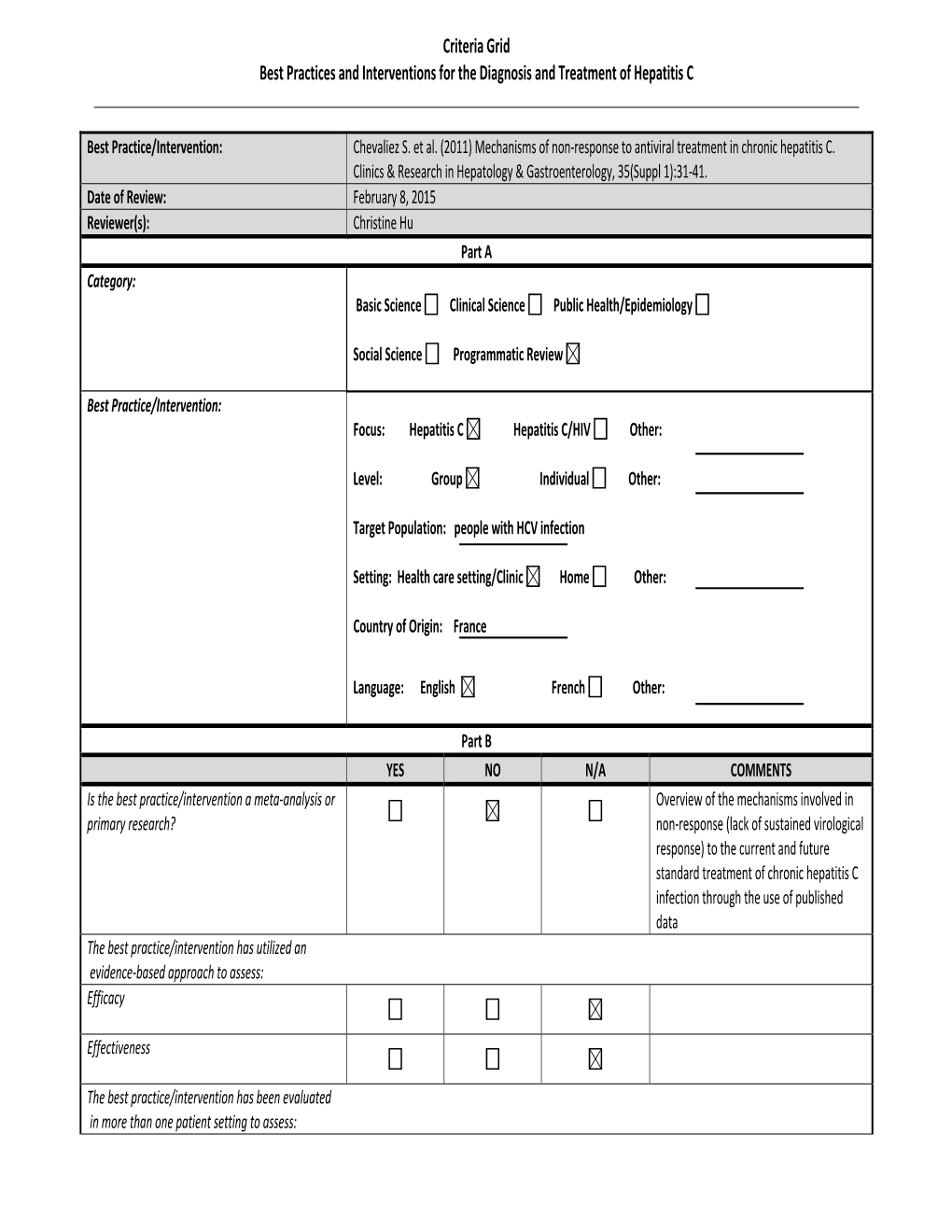 Criteria Grid Best Practices and Interventions for the Diagnosis and Treatment of Hepatitis C