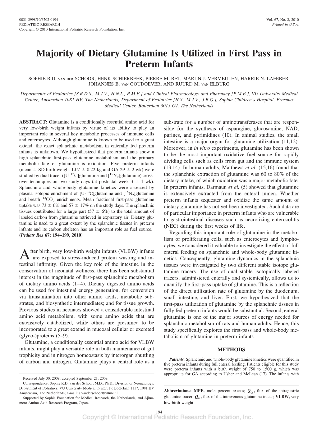 Majority of Dietary Glutamine Is Utilized in First Pass in Preterm Infants