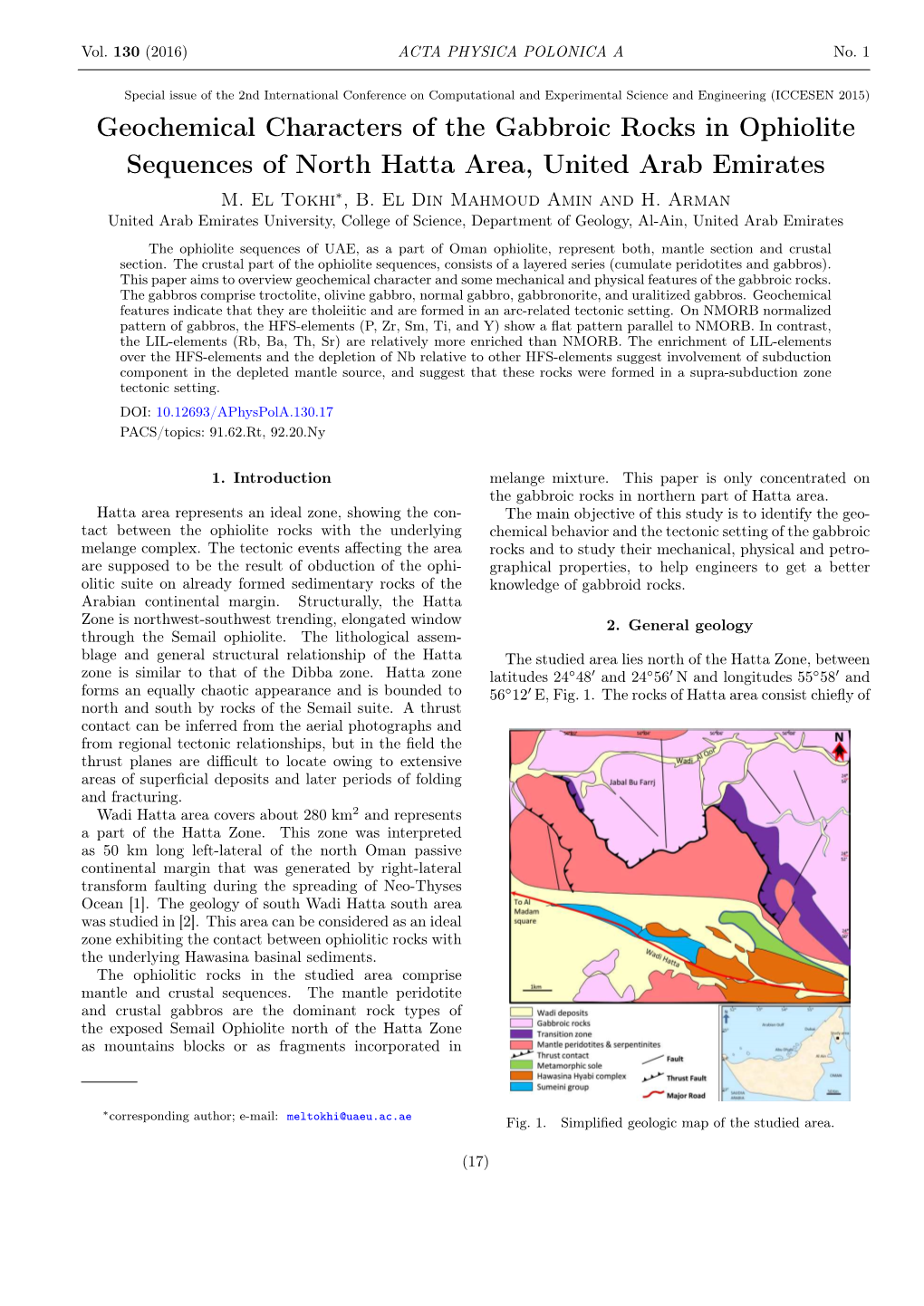 Geochemical Characters of the Gabbroic Rocks in Ophiolite Sequences of North Hatta Area, United Arab Emirates M