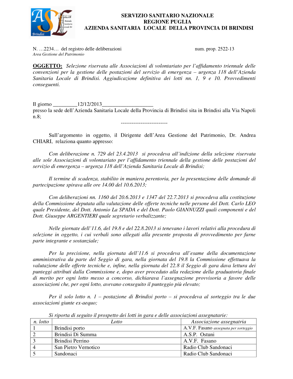 Servizio Sanitario Nazionale Regione Puglia Azienda Sanitaria Locale Della Provincia Di Brindisi