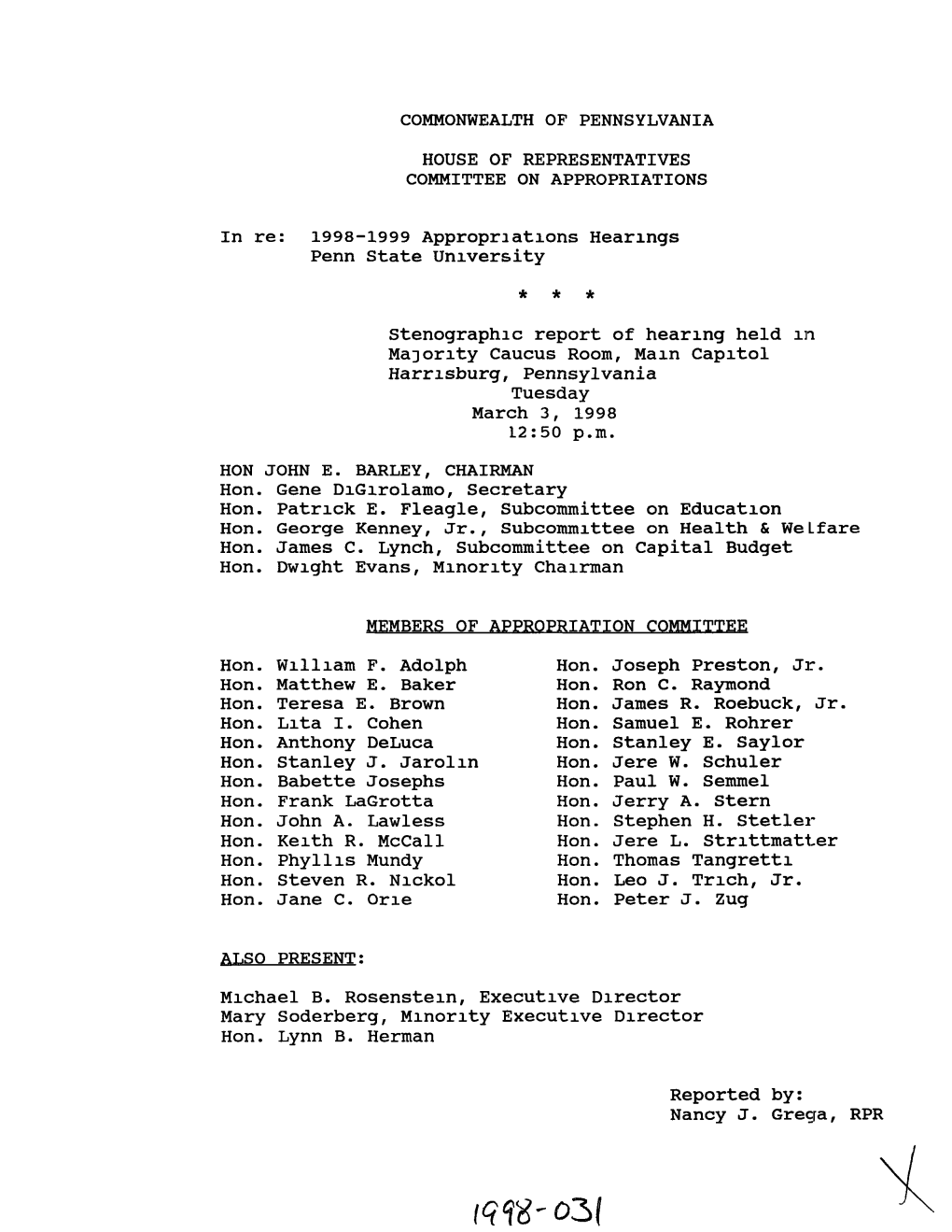 1998-1999 Appropriations Hearings Penn State University