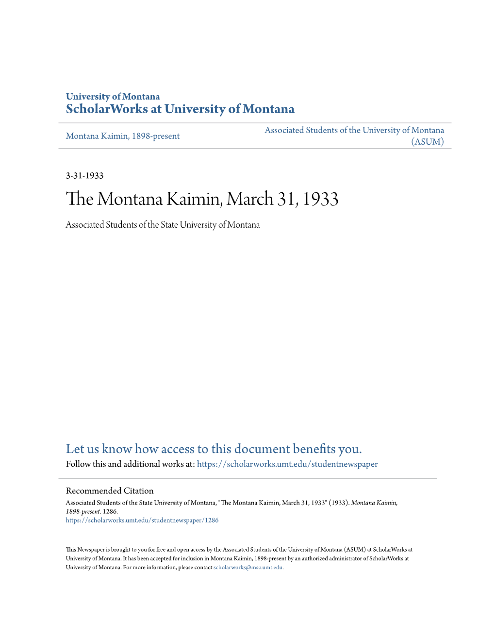 The Montana Kaimin, March 31, 1933