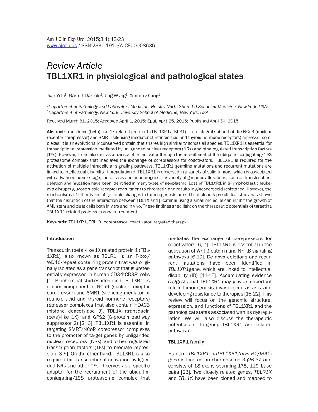 Review Article TBL1XR1 in Physiological and Pathological States