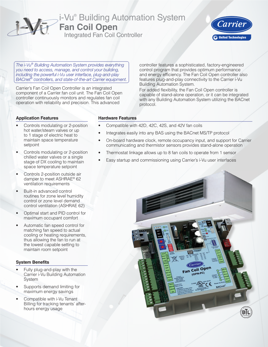 I-Vu® Building Automation System Fan Coil Open Integrated Fan Coil Controller