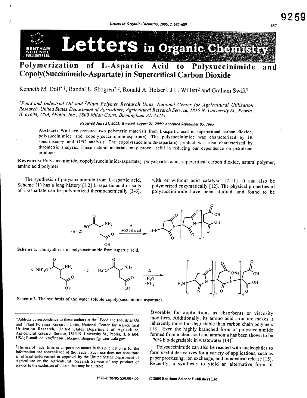 Polymerization of L-Aspartic Acid to Polysuccinimide and Copoly(Succinimide-Aspartate) in Supercritical Carbon Dioxide