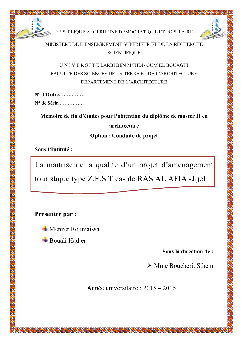 La Maitrise De La Qualité D'un Projet D'aménagement Touristique Type