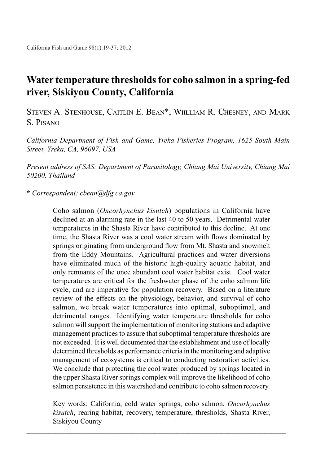 Water Temperature Thresholds for Coho Salmon in a Spring-Fed River, Siskiyou County, California