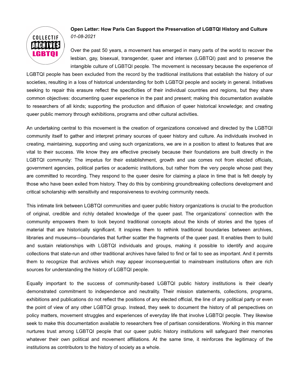 Open Letter: How Paris Can Support the Preservation of LGBTQI History and Culture 01-08-2021