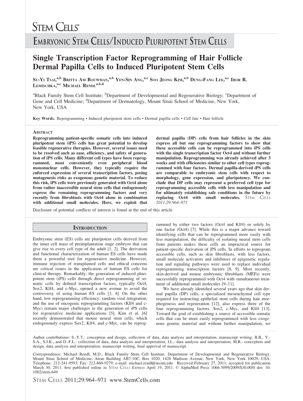 Single Transcription Factor Reprogramming of Hair Follicle Dermal Papilla Cells to Induced Pluripotent Stem Cells