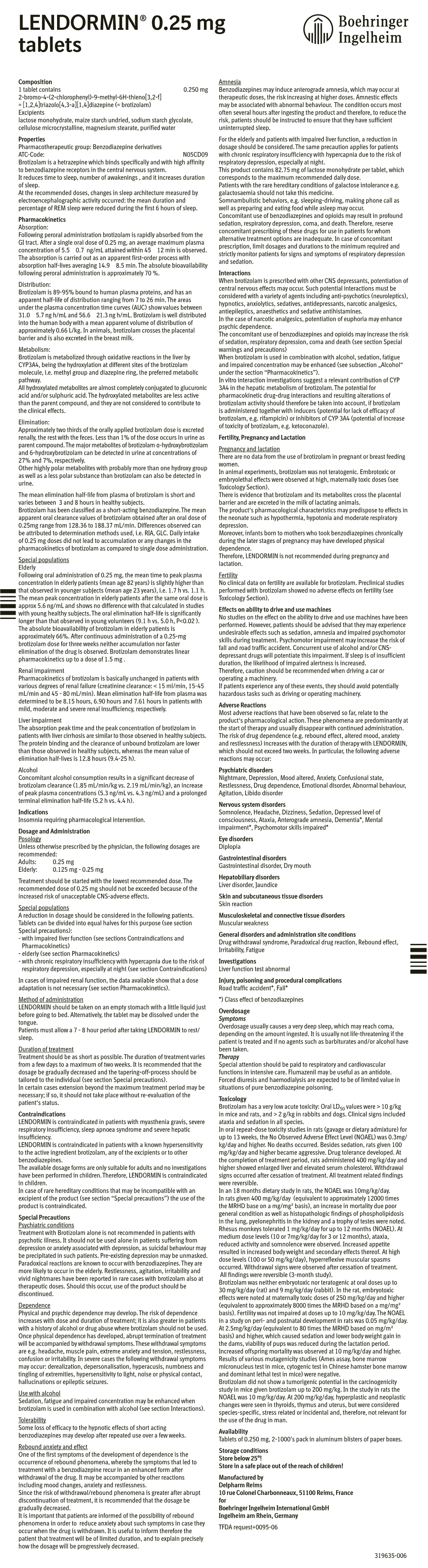 LENDORMIN® 0.25 Mg Tablets