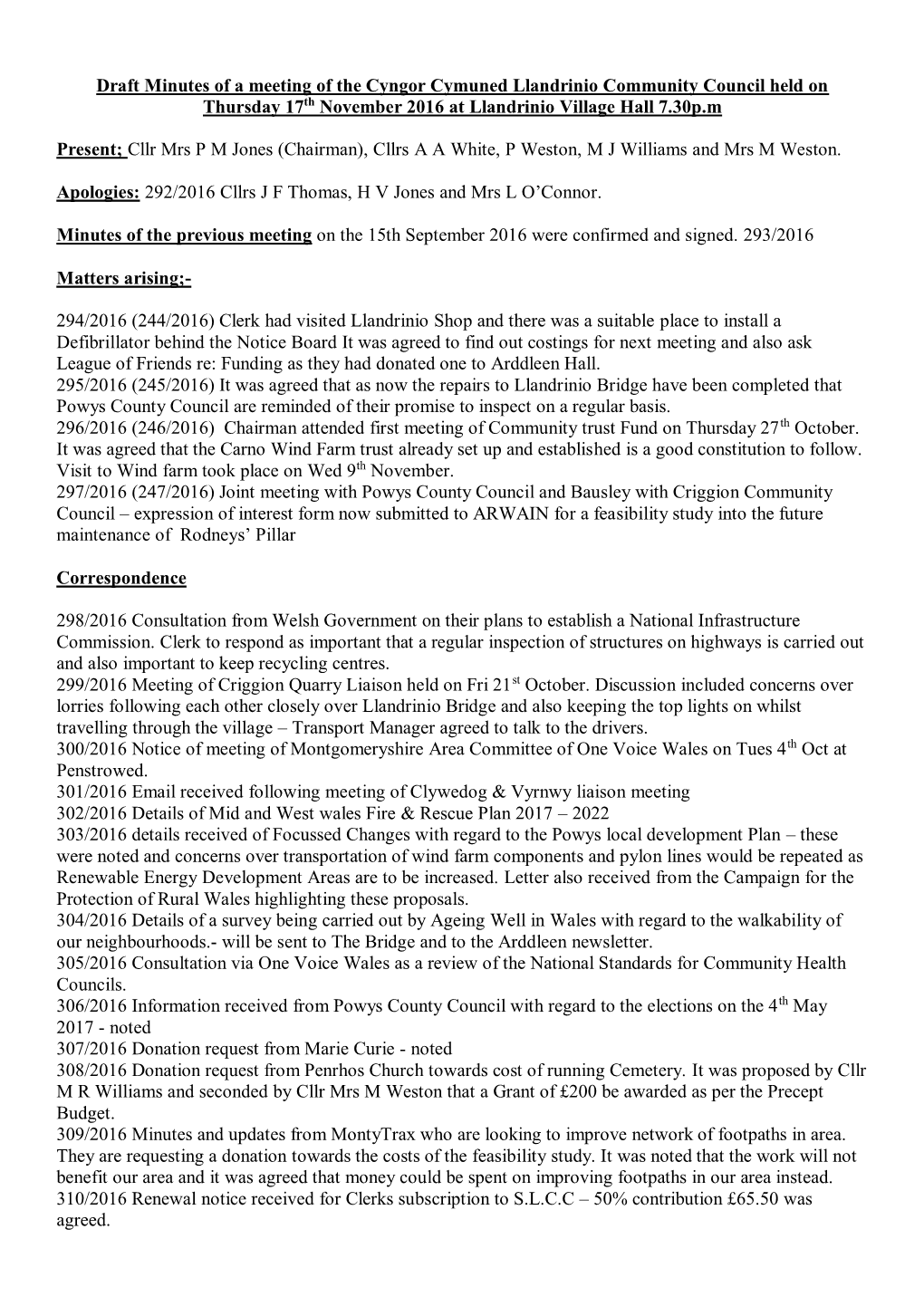 Draft Minutes of a Meeting of the Cyngor Cymuned Llandrinio Community Council Held on Thursday 17Th November 2016 at Llandrinio Village Hall 7.30P.M