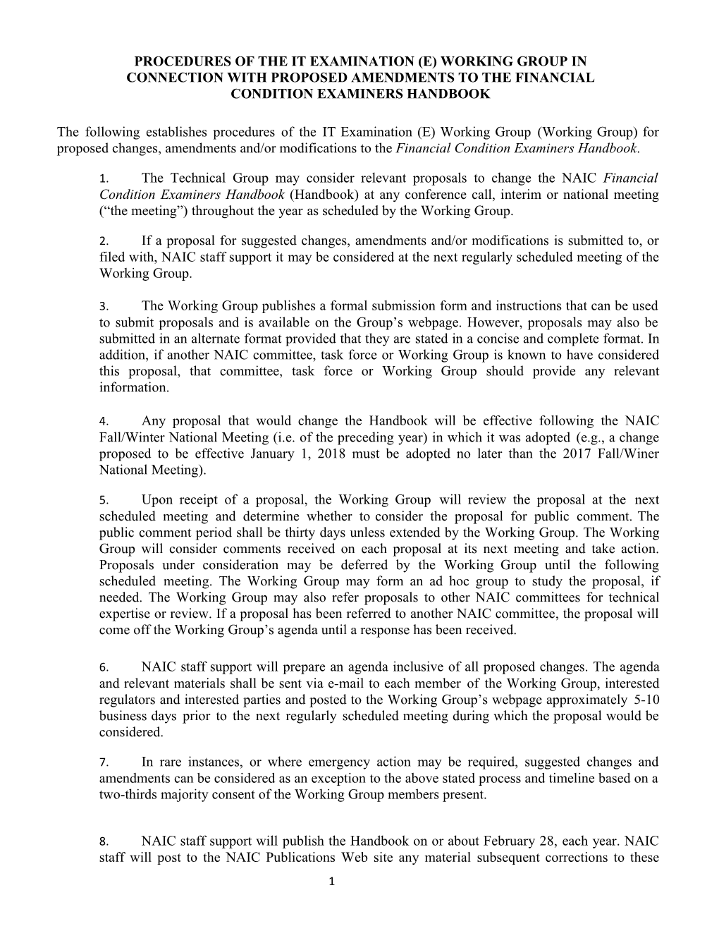 Procedures of the It Examination (E) Working Group in Connection with Proposed Amendments