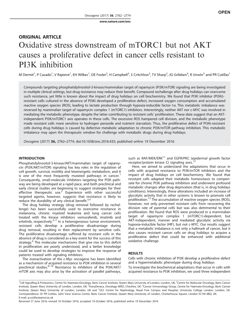 Oxidative Stress Downstream of Mtorc1 but Not AKT Causes a Proliferative Defect in Cancer Cells Resistant to PI3K Inhibition