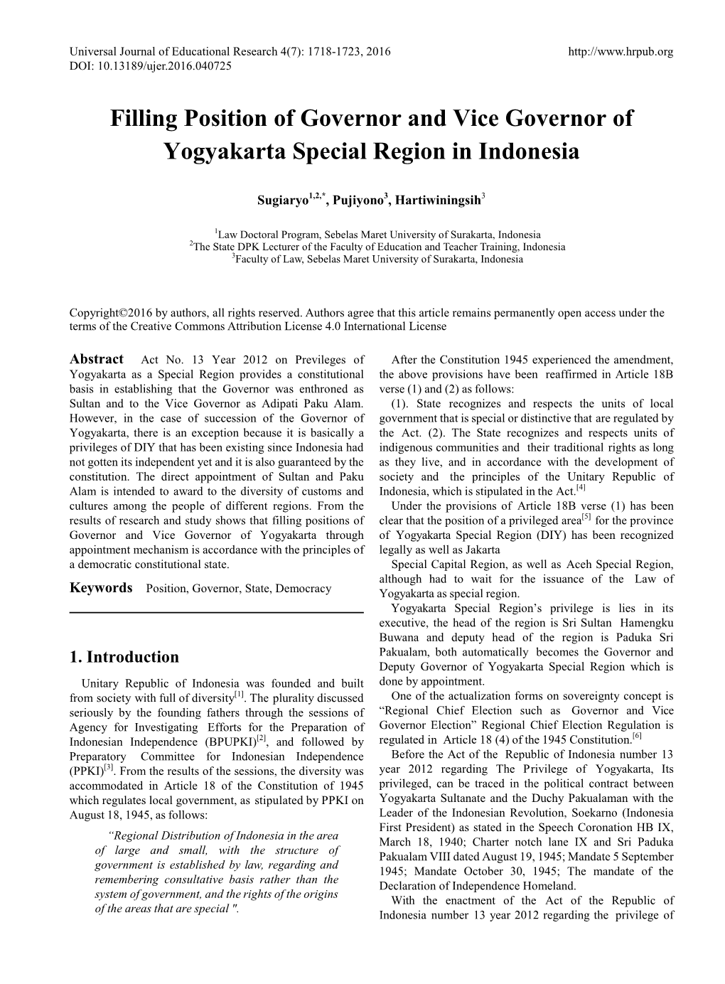 Filling Position of Governor and Vice Governor of Yogyakarta Special Region in Indonesia