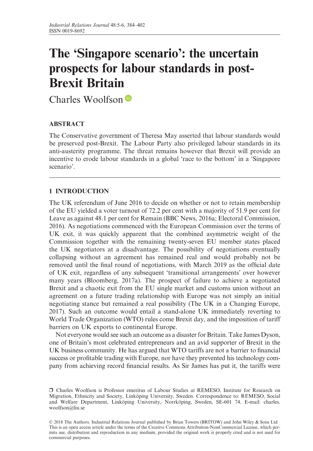 The Singapore Scenario: the Uncertain Prospects for Labour Standards in Post-Brexit Britain