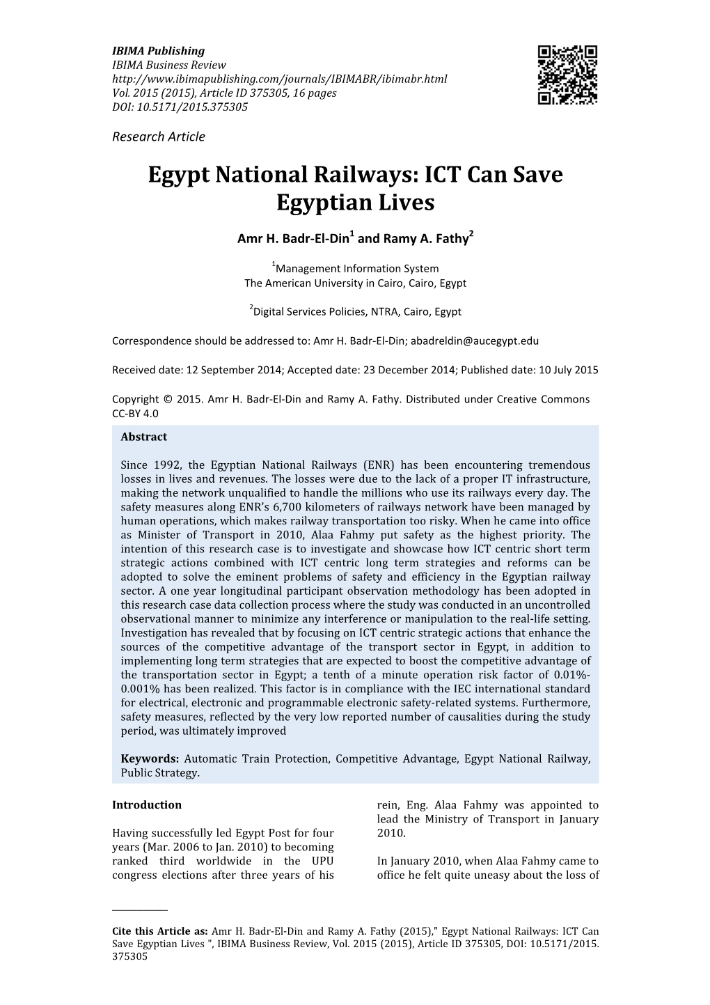 Egypt National Railways: ICT Can Save Egyptian Lives