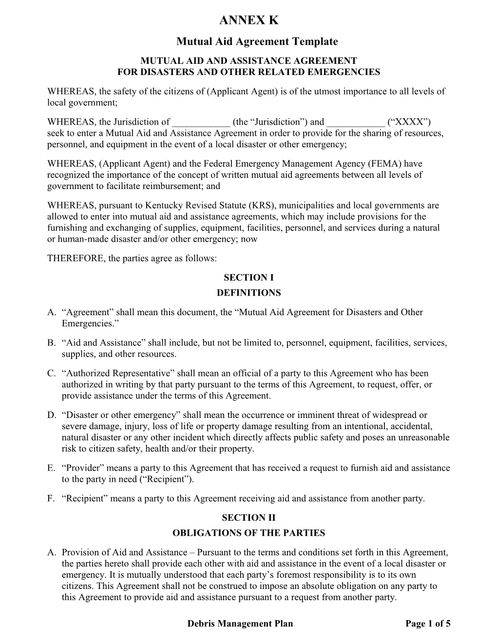 Annex K (Mutual Aid Agreement Template)