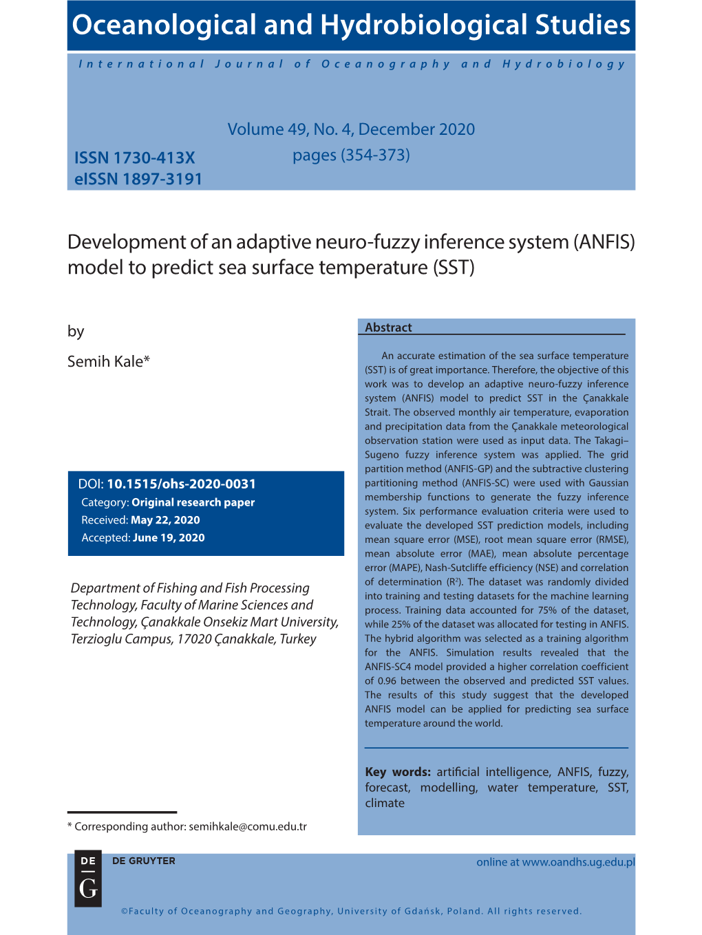 Development of an Adaptive Neuro-Fuzzy Inference System (ANFIS) Model to Predict Sea Surface Temperature (SST) by Abstract