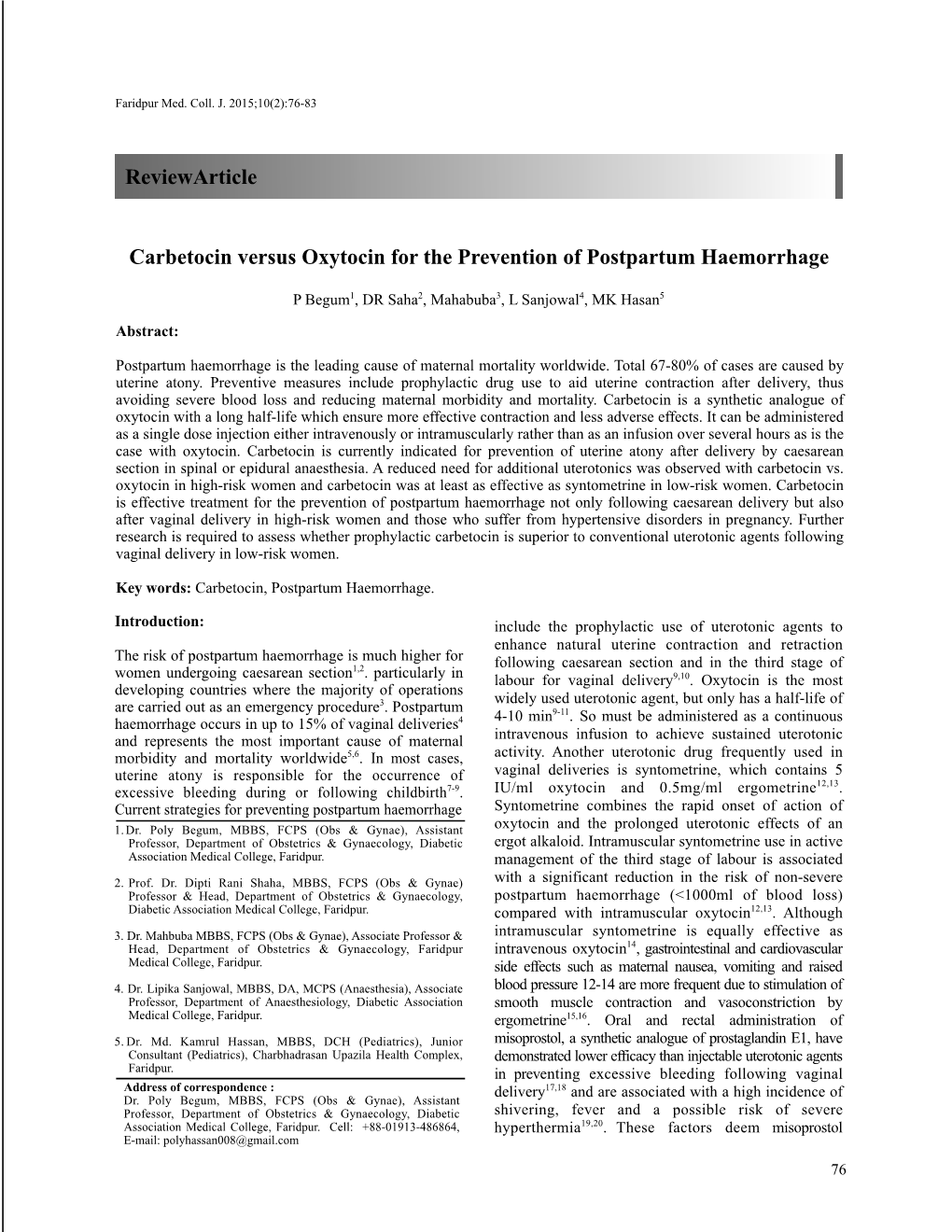 Carbetocin Versus Oxytocin for the Prevention of Postpartum Haemorrhage