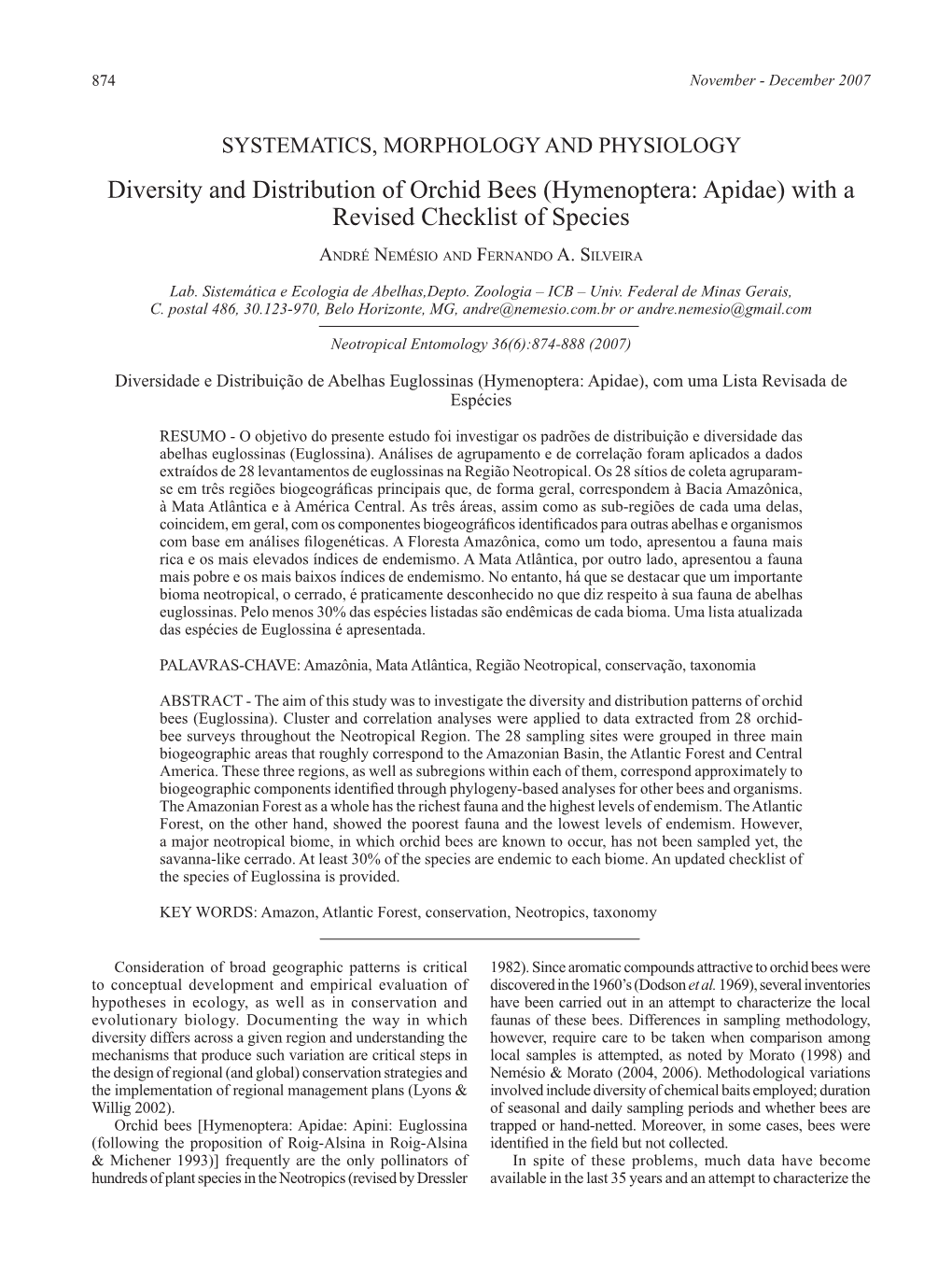 Diversity and Distribution of Orchid Bees (Hymenoptera: Apidae) with a Revised Checklist of Species