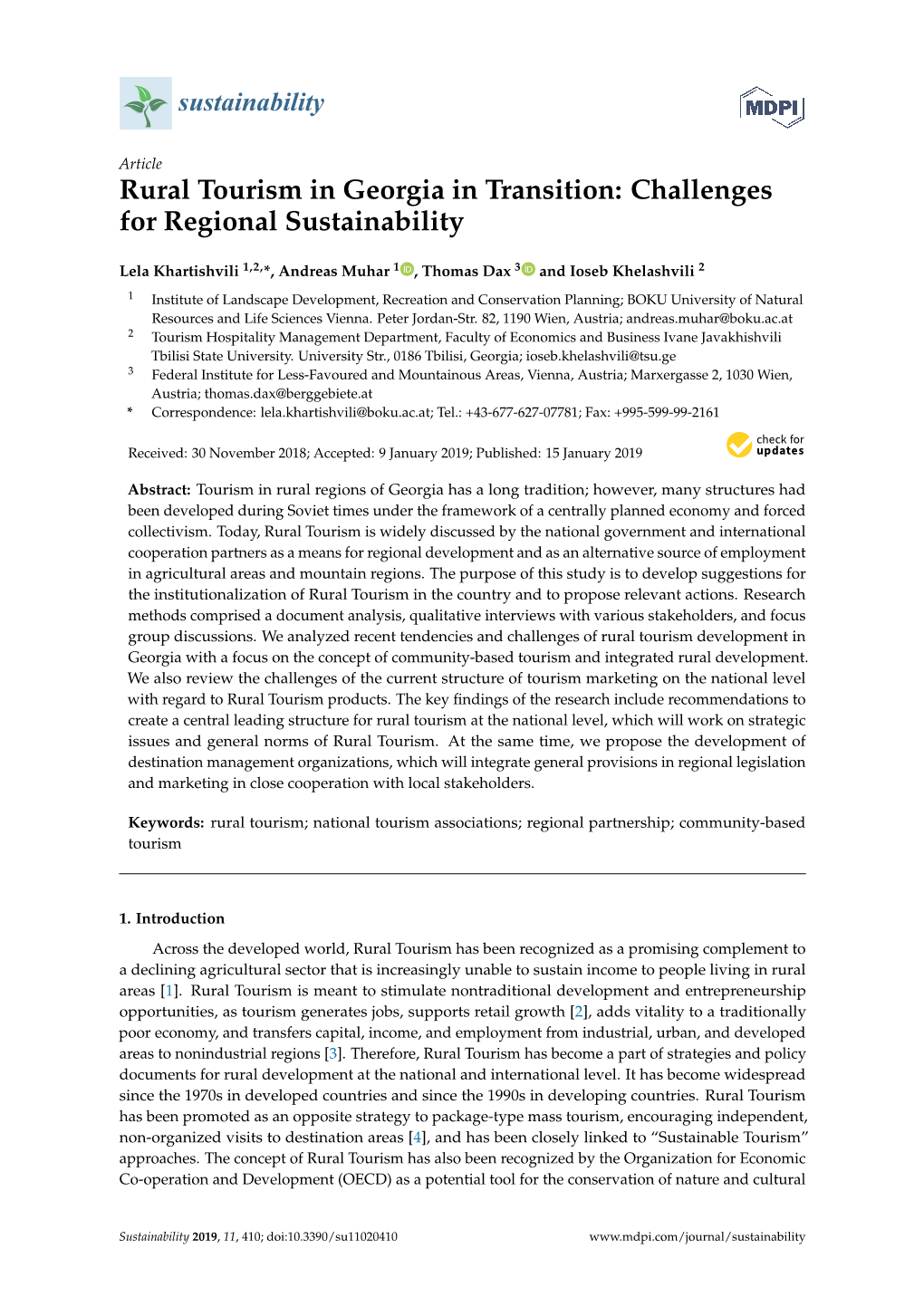 Rural Tourism in Georgia in Transition: Challenges for Regional Sustainability