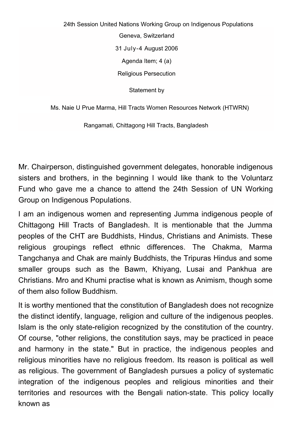 24Th Session United Nations Working Group on Indigenous Populations Geneva, Switzerland