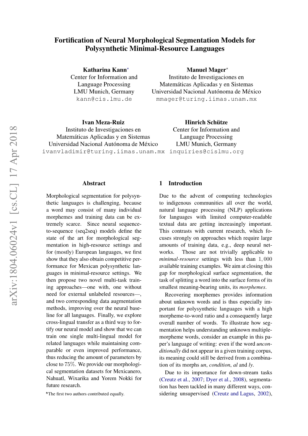 Arxiv:1804.06024V1 [Cs.CL] 17 Apr 2018 Ivanvladimir@Turing.Iimas.Unam.Mx Teﬁs W Uhr Otiue Equally