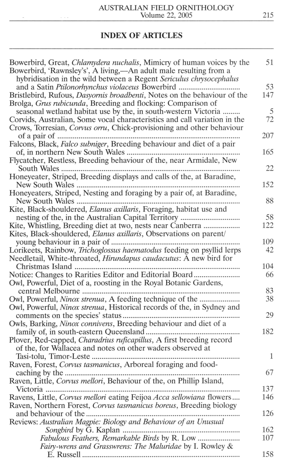 AUSTRALIAN FIELD ORNITHOLOGY Volume 22, 2005 215 INDEX OF