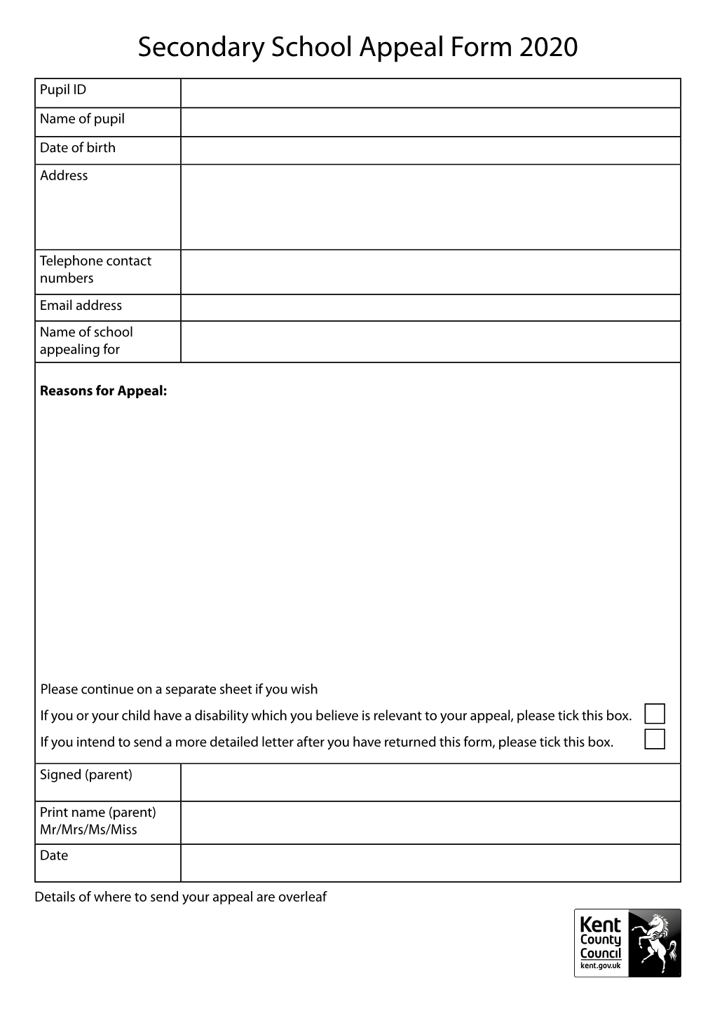 Secondary School Appeal Form 2020