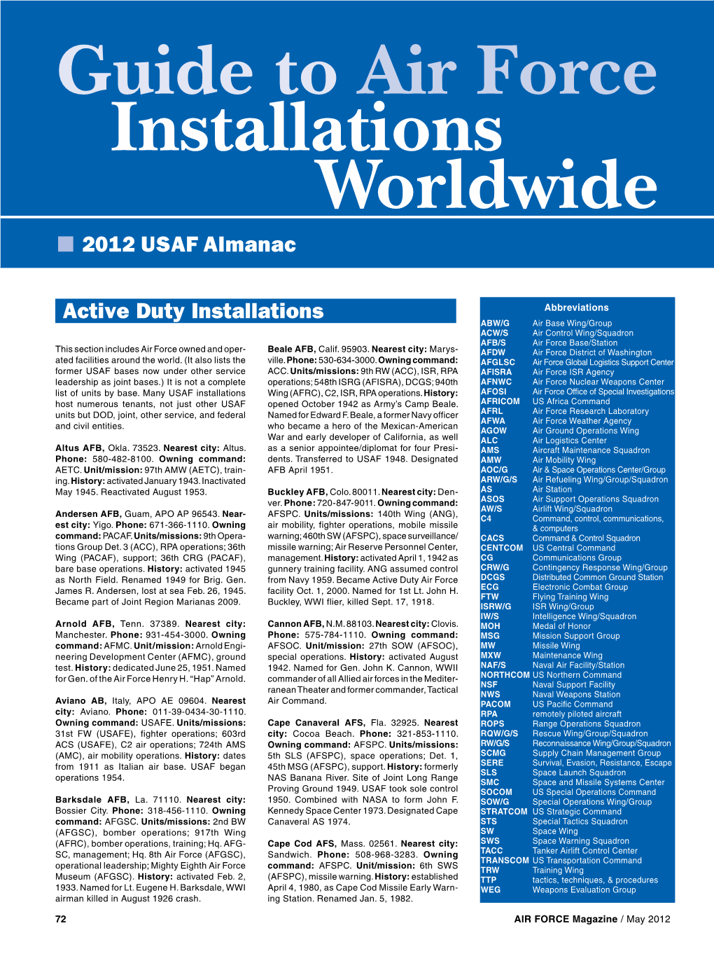 Guide to Air Force Installations Worldwide 2012 USAF Almanac DocsLib