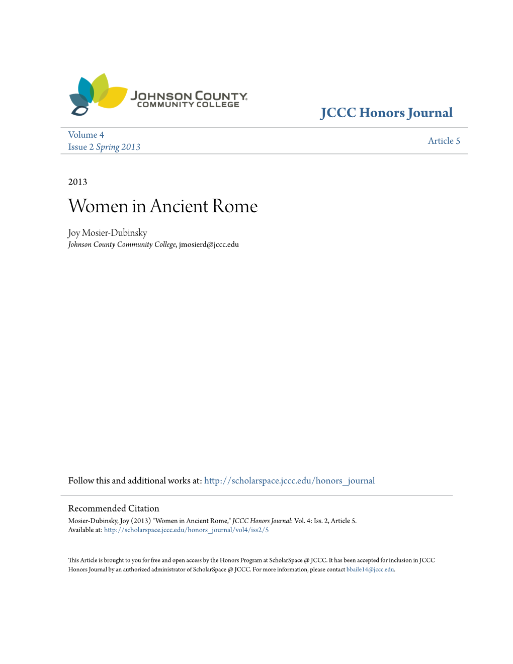 Women in Ancient Rome Joy Mosier-Dubinsky Johnson County Community College, Jmosierd@Jccc.Edu