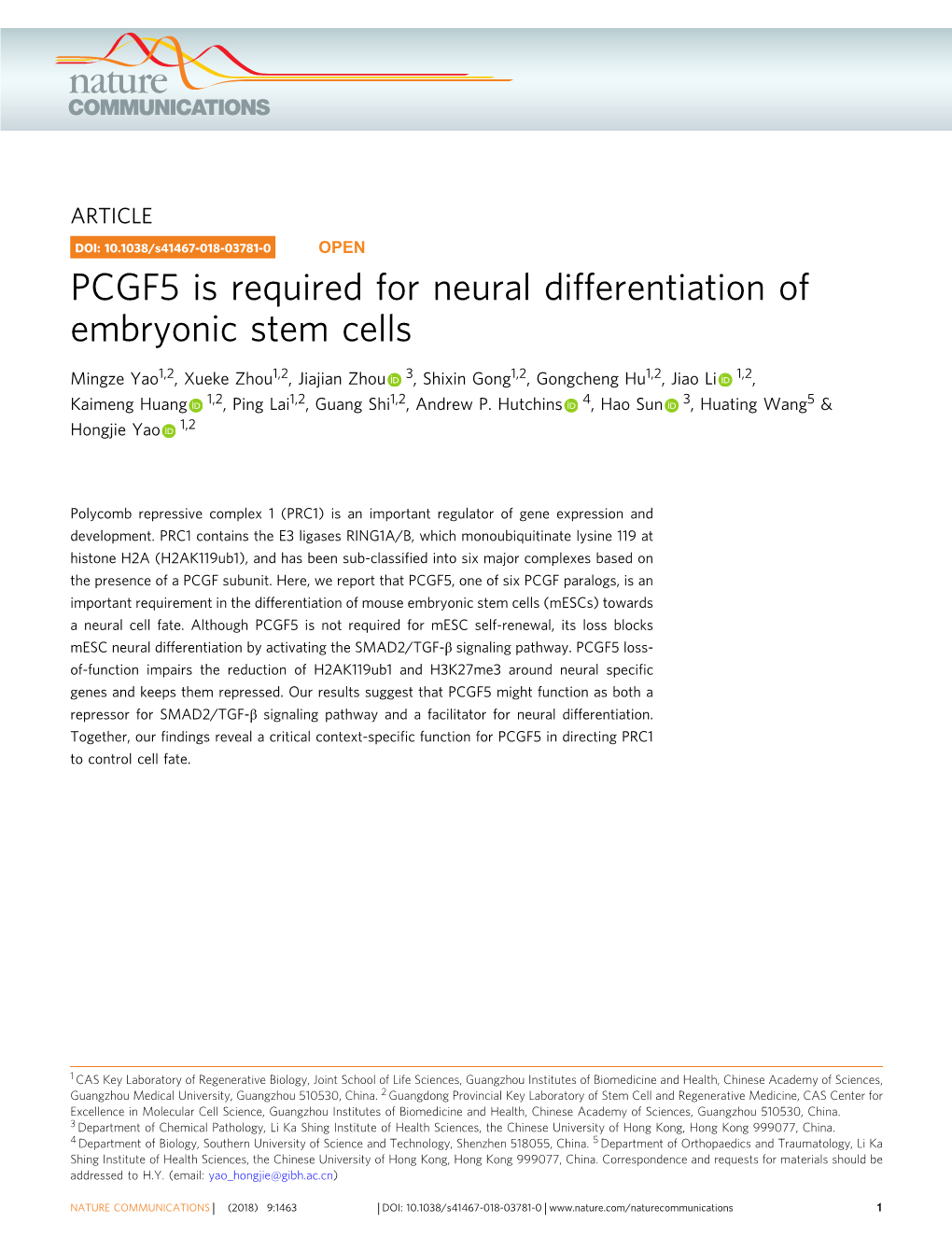 PCGF5 Is Required for Neural Differentiation of Embryonic Stem Cells