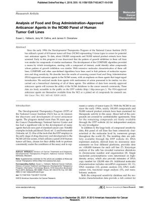 Analysis of Food and Drug Administration–Approved Anticancer Agents in the NCI60 Panel of Human Tumor Cell Lines