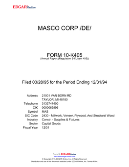 Masco Corporation (Exact Name of Registrant As Specified in Its Charter)