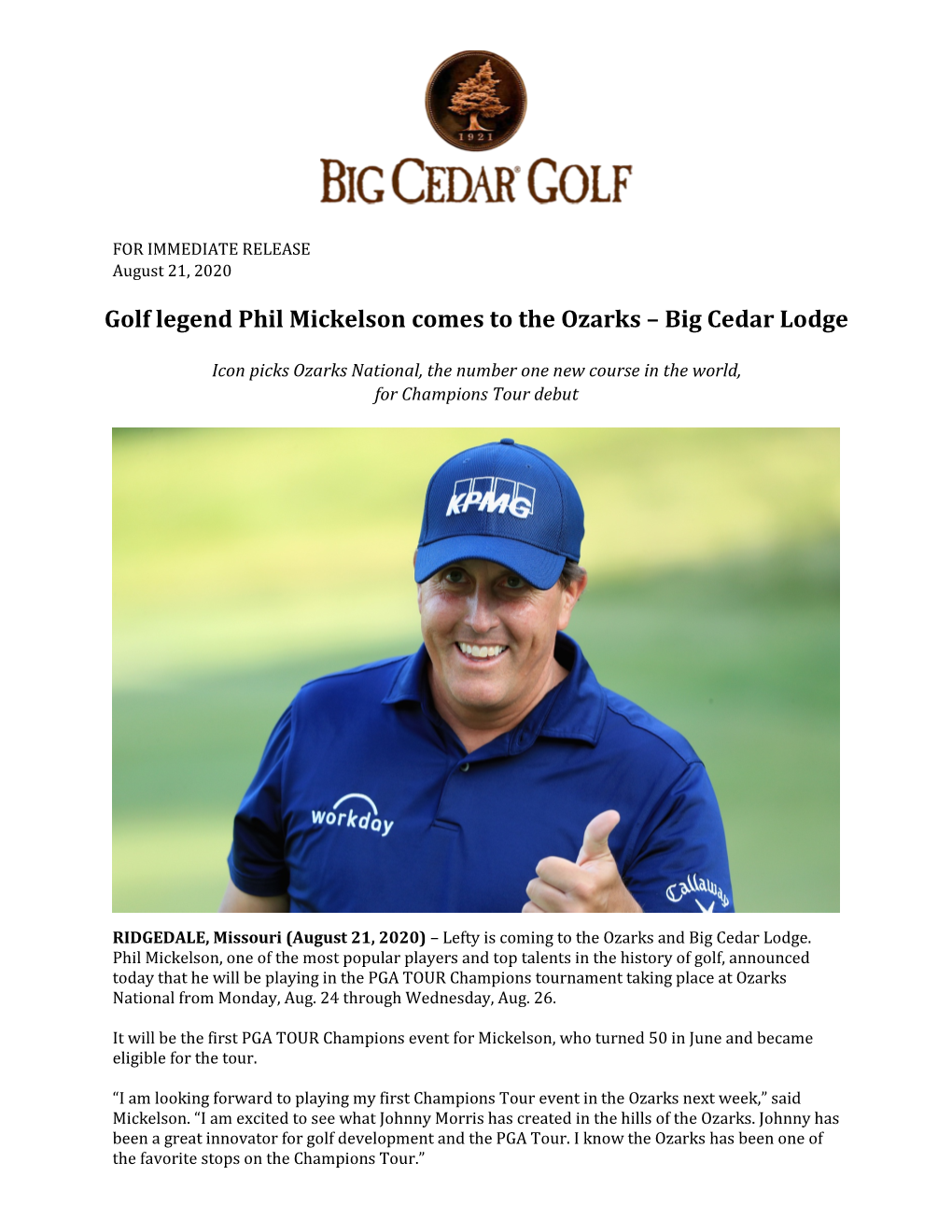 Golf Legend Phil Mickelson Comes to the Ozarks – Big Cedar Lodge