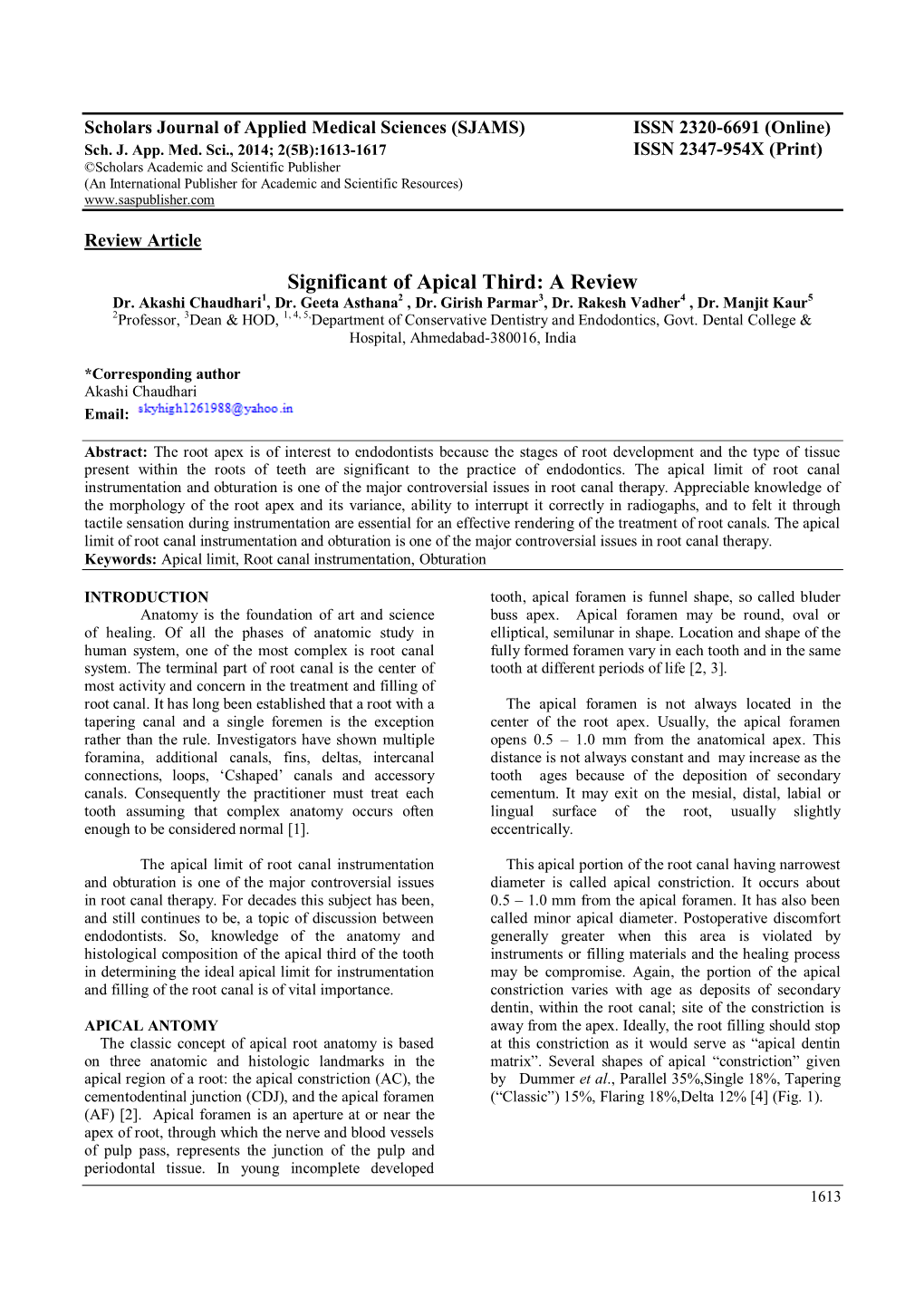 Significant of Apical Third: a Review Dr