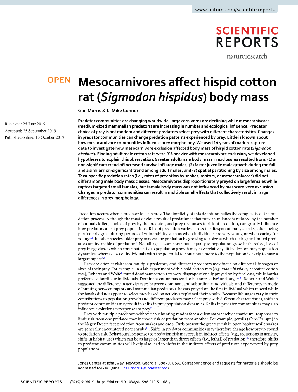 Mesocarnivores Affect Hispid Cotton Rat (Sigmodon Hispidus) Body Mass