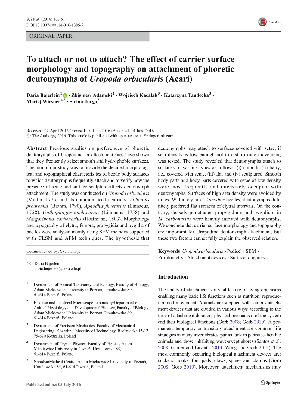 The Effect of Carrier Surface Morphology and Topography on Attachment of Phoretic Deutonymphs of Uropoda Orbicularis (Acari)