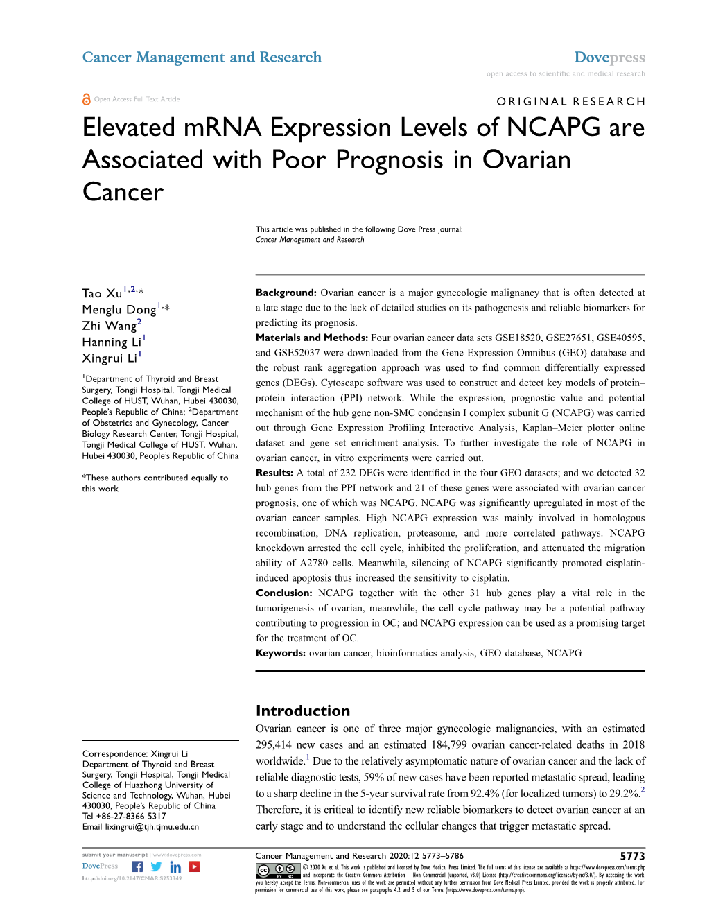 Elevated Mrna Expression Levels of NCAPG Are Associated with Poor Prognosis in Ovarian Cancer