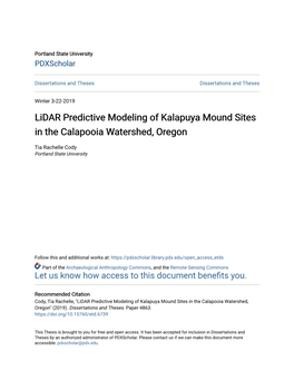 Lidar Predictive Modeling of Kalapuya Mound Sites in the Calapooia Watershed, Oregon