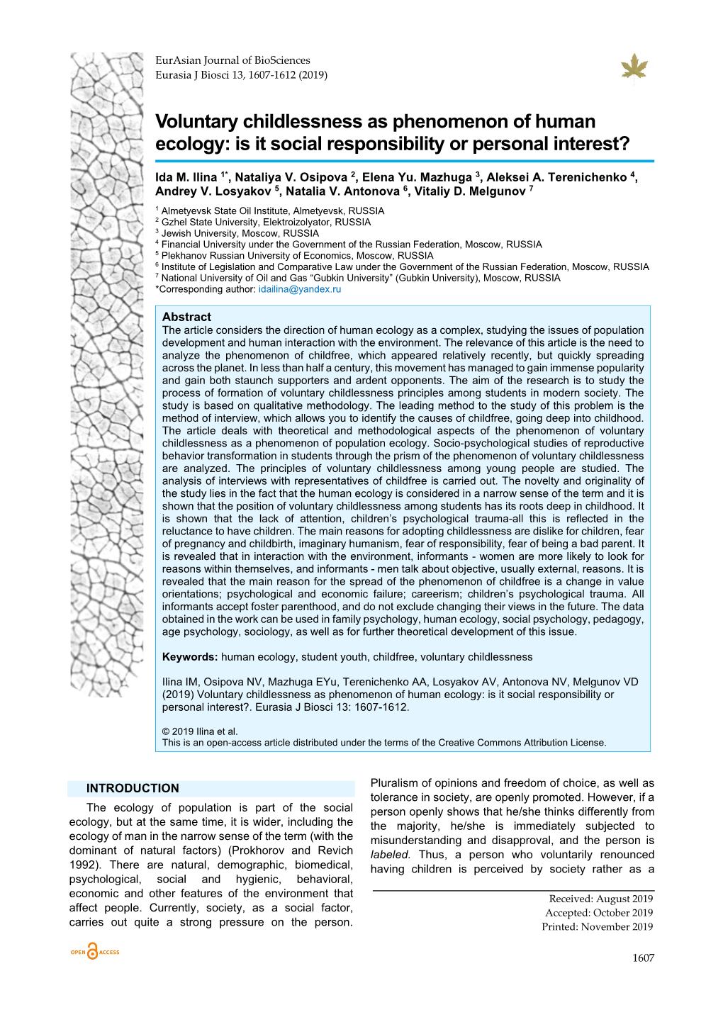 Voluntary Childlessness As Phenomenon of Human Ecology: Is It Social Responsibility Or Personal Interest?