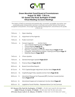Green Mountain Transit Board of Commissioners August 18, 2020 - 7:30 A.M