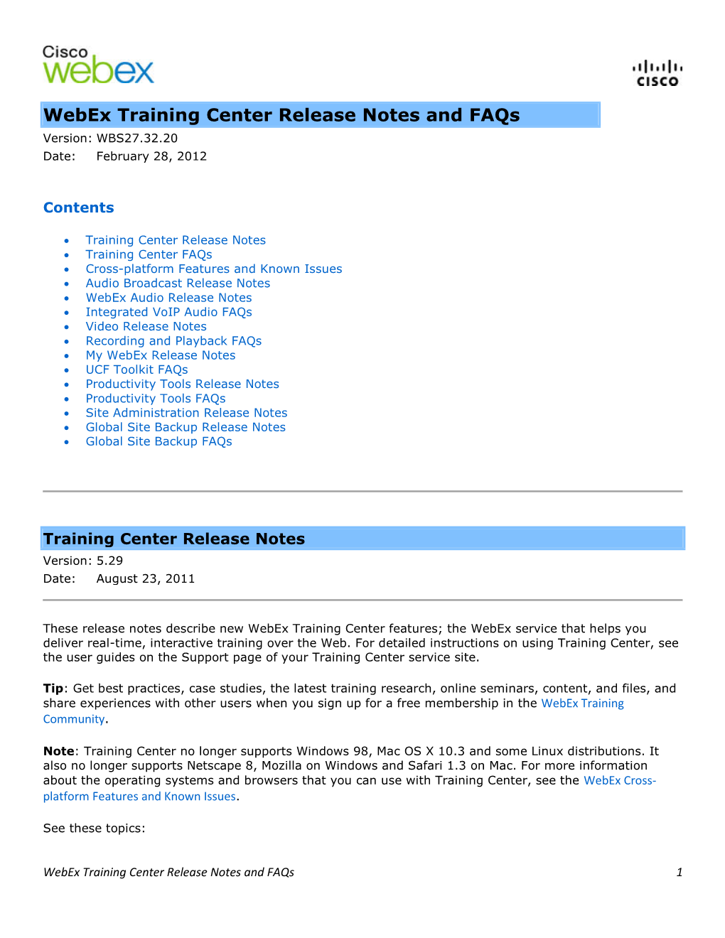 Cisco Webex Training Center Release Notes and Faqs