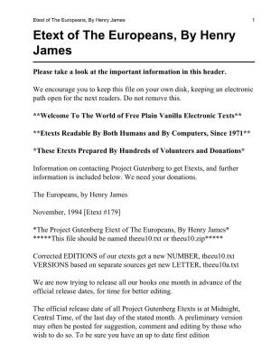 Etext of the Europeans, by Henry James 1 Etext of the Europeans, by Henry James
