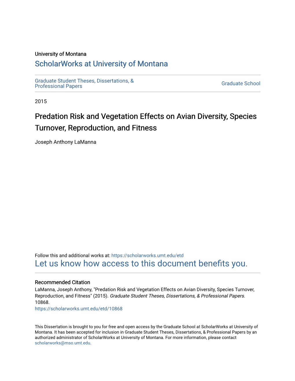 Predation Risk and Vegetation Effects on Avian Diversity, Species Turnover, Reproduction, and Fitness