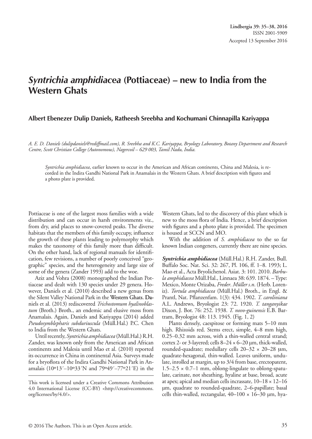 Syntrichia Amphidiacea (Pottiaceae) – New to India from the Western Ghats