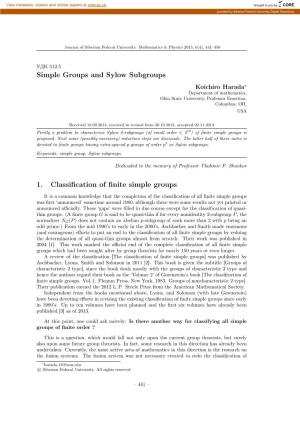 Simple Groups and Sylow Subgroups 1. Classification of Finite